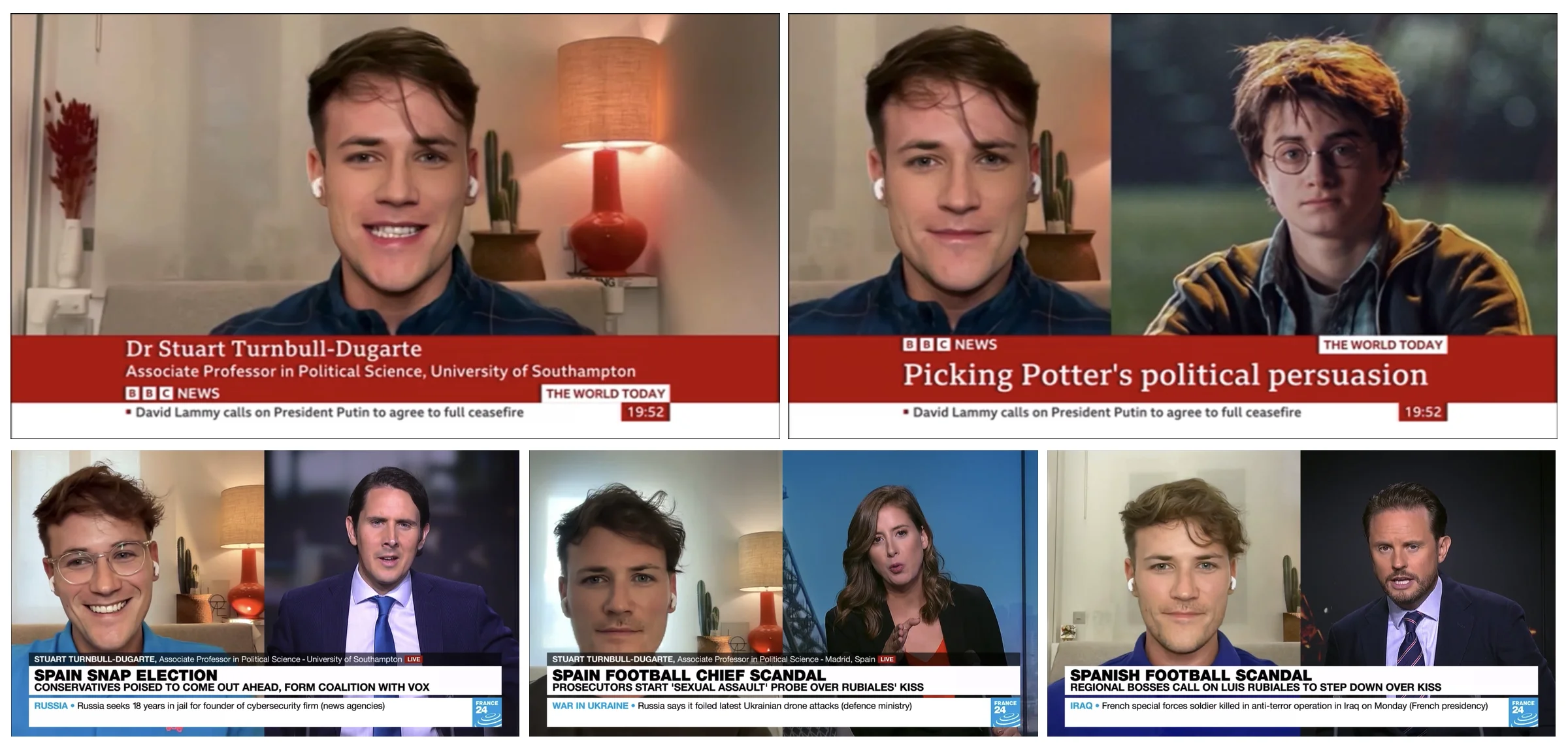 Stuart Turnbull-Dugarte discussing research and current affairs on BBC News and France 24, including political identities in fiction and Spanish politics.